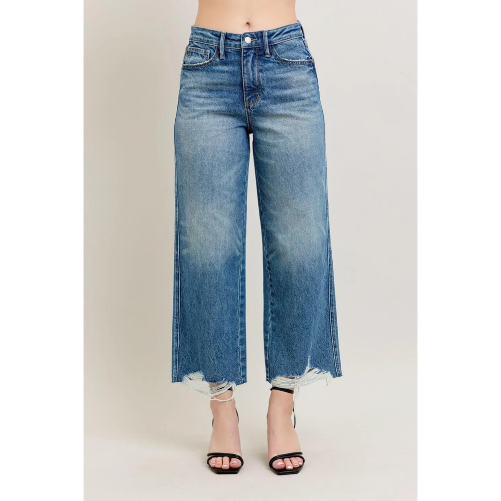 Judy Blue Wide Leg High Waist Rigid Magic Destroy Hem Crop Denim Jeans 7 / 28 - Picture 1 of 16